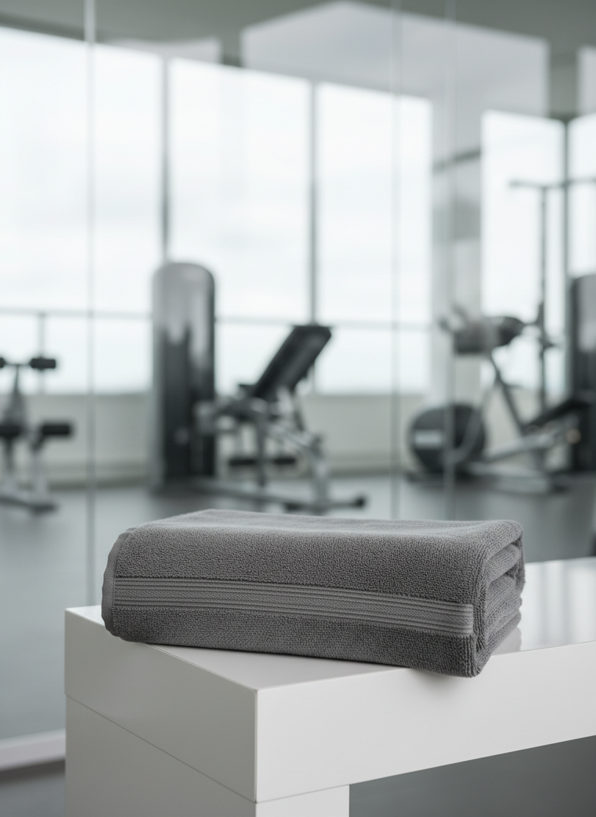 A perfectly folded, plush charcoal gym towel with subtle ribbed borders rests on the corner of a streamlined white bench in a light, uncluttered workout room. The setting features a background of clean glass walls revealing abstracted gym equipment shapes under a wash of soft, pale daylight. Gentle overcast light filters in, producing delicate shadows and highlighting the precise edges and gentle texture of the towel. The camera takes a slightly elevated, diagonal perspective for balanced framing, emphasizing neatness and luxury. The mood is serene and refined, with a minimalist, photographic realism suited for a professional women’s fitness site.