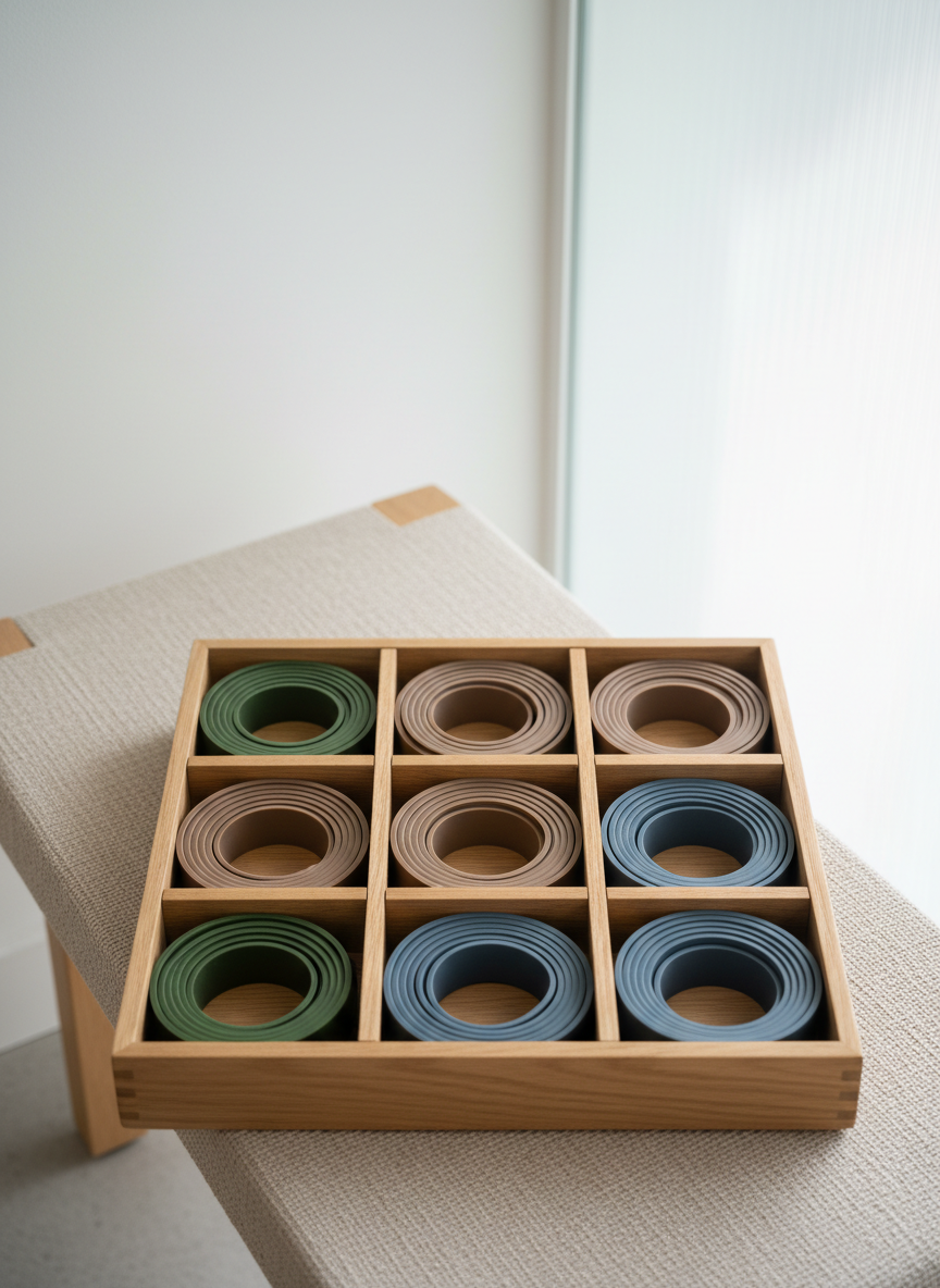 A collection of high-quality resistance bands, neatly coiled and color-coded in muted earth tones such as olive, taupe, and slate, is placed in a sleek compartmentalized wooden tray. The tray sits atop a subtle textured bench, with the backdrop featuring clean white walls and a hint of a large, frosted glass partition. Soft ambient natural light enters from an unseen window, creating gentle highlights and soft, elongated shadows that emphasize the bands’ smooth, tactile surface. Composed from a top-down, centered angle, the image exudes calm organization and professionalism, perfectly supporting a modern gym’s focus on mindful movement in a structured layout.