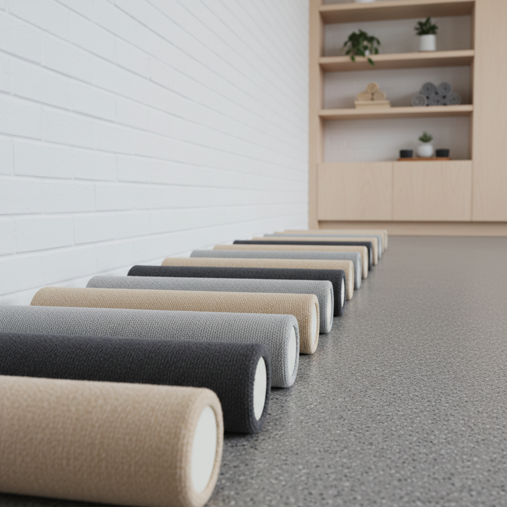An assortment of premium foam rollers in various sizes—coated in smooth, matte neutral fabrics of sand, stone, and pale charcoal—are arranged in an orderly row against a crisp, white-painted brick wall in a sophisticated gym studio. The flooring is a muted, durable rubber with faint speckling, and an elegant built-in shelving unit in pale wood is visible in the peripheral background. Ample overhead daylight streams in, enhancing the texture of each roller and generating soft, gentle shadow transitions beneath them. Shot from a low, angled side view, the composition highlights the careful organization and calm confidence of a thoughtfully curated fitness environment.