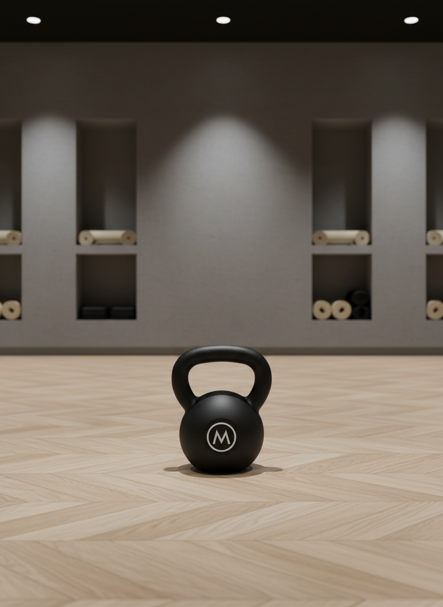 A matte black kettlebell with flawless, powder-coated texture and minimalist logo is perfectly positioned in the center of a spotless, neutral-toned gym studio space. The floor features light wood planks arranged in a herringbone pattern, while the background includes a seamless wall with built-in cubby storage for equipment, all in subdued gray and ivory hues. Focused, overhead LED lighting highlights the kettlebell’s sturdy form and casts a soft, diffused shadow to one side. Captured at eye level with a shallow depth of field, the image projects an atmosphere of clarity, discipline, and understated strength – directly in line with a corporate, photographic style.
