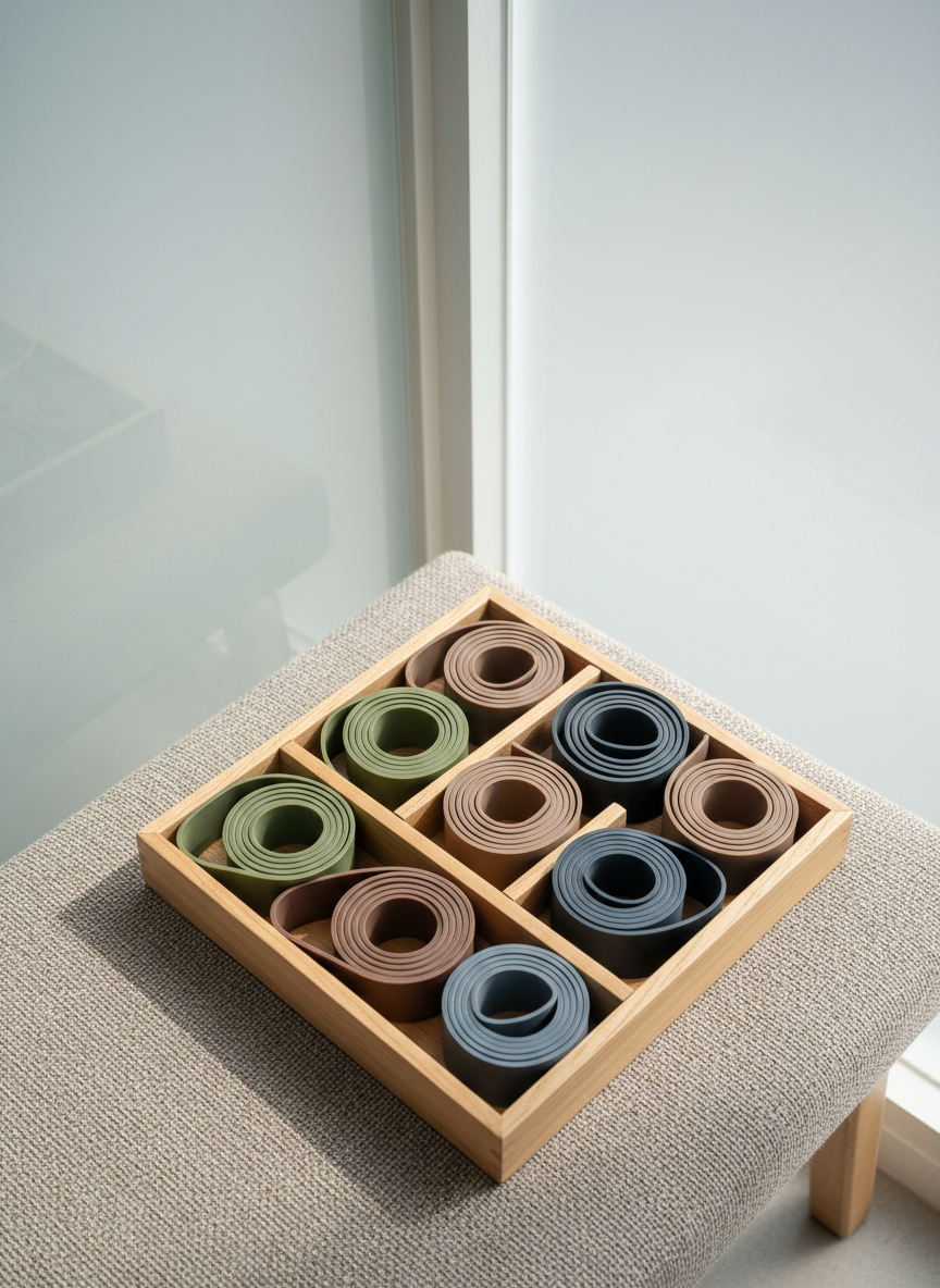 A collection of high-quality resistance bands, neatly coiled and color-coded in muted earth tones such as olive, taupe, and slate, is placed in a sleek compartmentalized wooden tray. The tray sits atop a subtle textured bench, with the backdrop featuring clean white walls and a hint of a large, frosted glass partition. Soft ambient natural light enters from an unseen window, creating gentle highlights and soft, elongated shadows that emphasize the bands’ smooth, tactile surface. Composed from a top-down, centered angle, the image exudes calm organization and professionalism, perfectly supporting a modern gym’s focus on mindful movement in a structured layout.