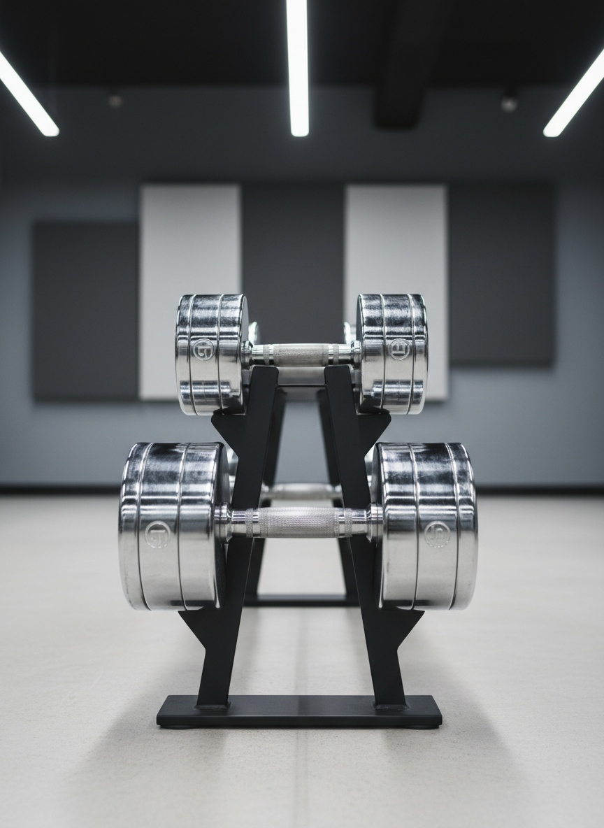 A set of neatly racked, polished chrome dumbbells with etched handles and subtle branding insignia rests against a muted slate-gray wall in a contemporary gym environment. The weights are displayed on a minimalist, matte black metal rack spaced on a spotless light concrete floor, with geometric acoustic panels in the softly blurred background. Overhead, bright diffuse LED lighting casts a balanced illumination, creating crisp but gentle metallic reflections and precise shadowing underneath. Captured from a low, straight-on viewpoint for a sense of professionalism and order. The overall composition relies on clean lines and symmetry, evoking a corporate, structured aesthetic befitting a premium fitness business site.